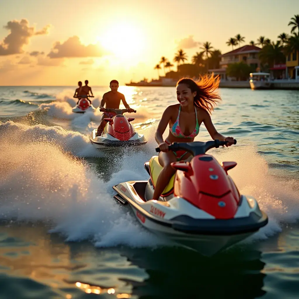 Водные скутеры, мчащиеся по спокойным водам острова